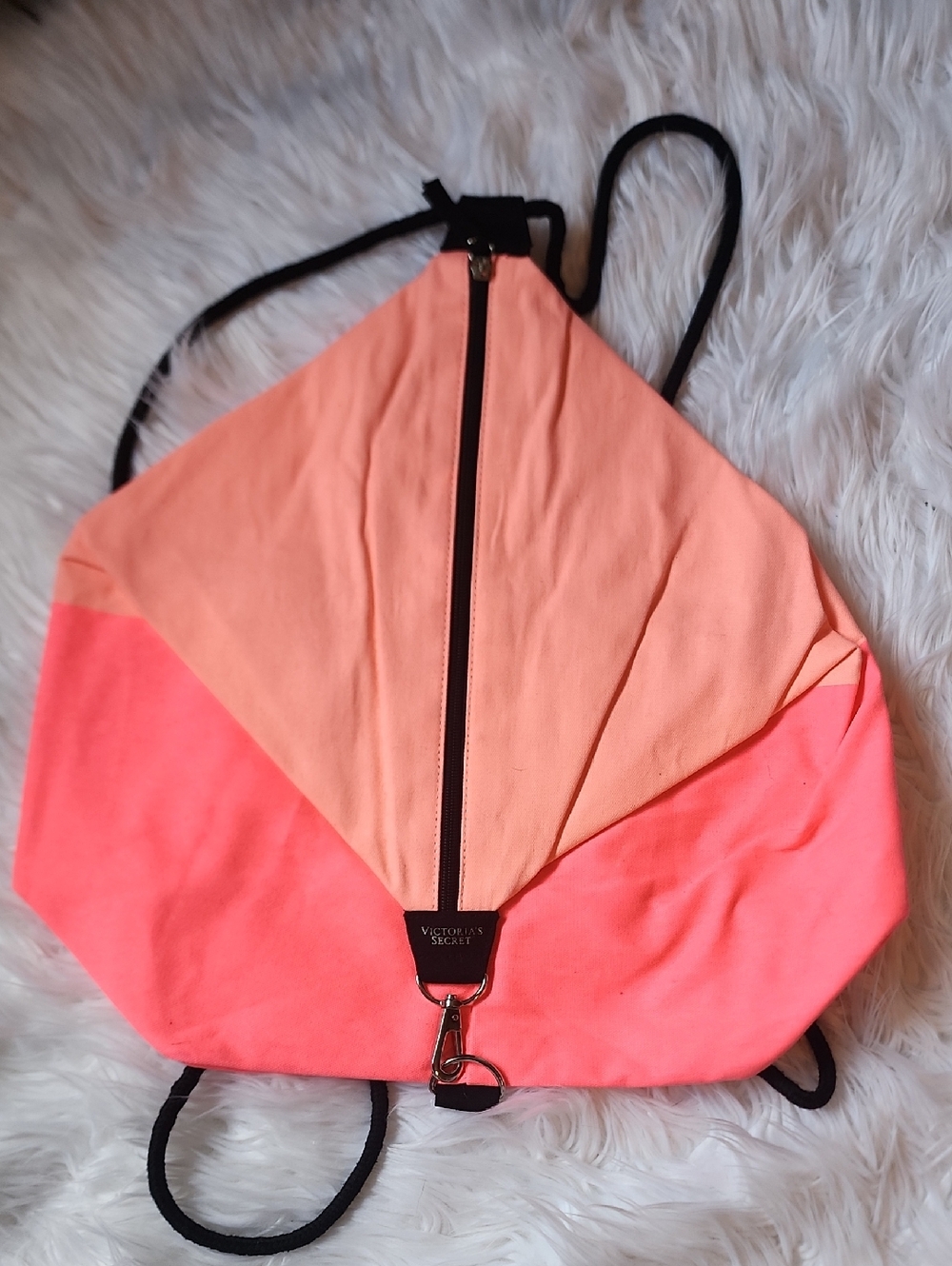 Victoria's Secret Peach and Neon Coral Colorblock Drawstring Backpack